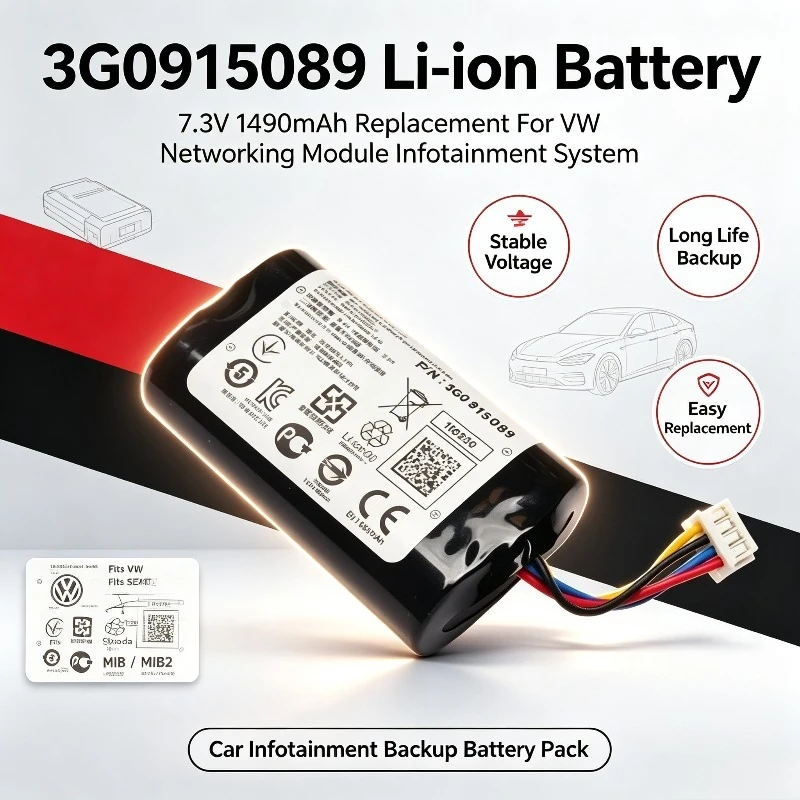 7.3V 1490mAh 3G0915089  Li-ion Backup Battery for VW Networking Module Infotainment System for SEAT Skoda MIB MIB2 3G0 915 089