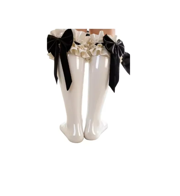 White Bow Women's Men's Latex Rubber Socks Role Playing Long Socks, Suitable for Parties, Customized Services Handmade25-35cm