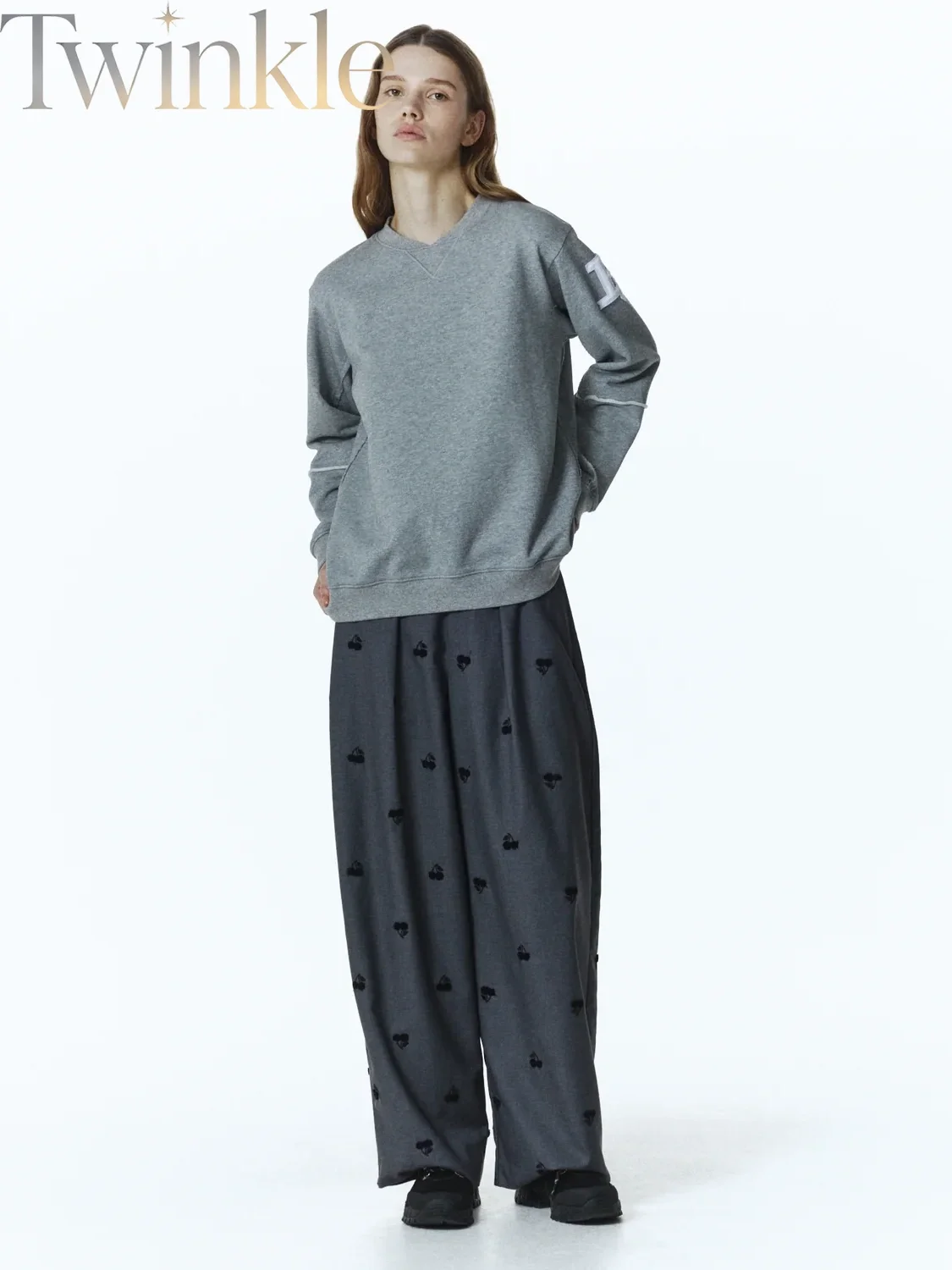 Embroidered Cherry Pleated Casual Pants  Cute Relaxed-Fit High-Waisted Trousers with Y2K Kawaii Details