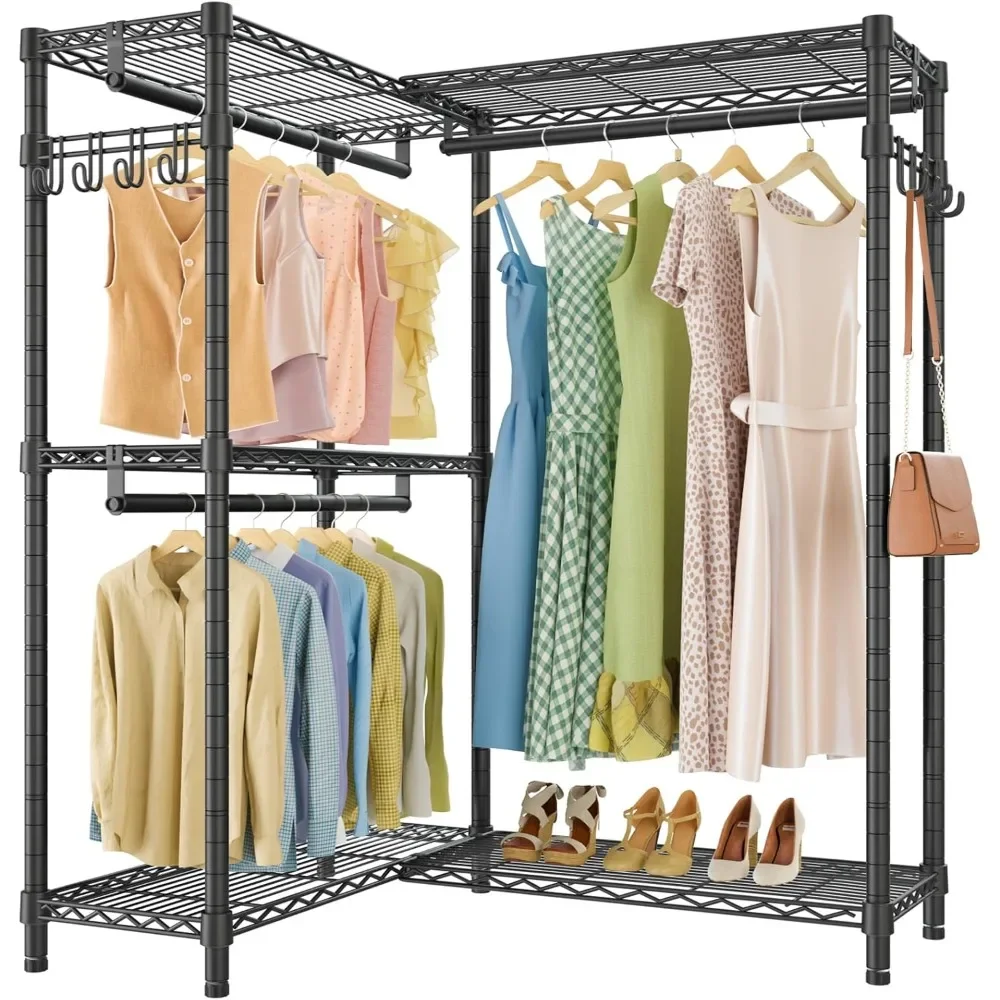 

L4 Garment Rack L Shaped Clothes Rack for Corner, Freestanding Portable Wardrobe Closet Heavy Duty Clothing Rack with 3 Hanging