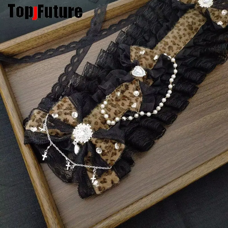 Mars Gal Harajuku Gothic Subculture Lace Leopard Print Lolita Steampunk Y2K Girl Women Bow Hair Clip Hair Clips Pins Hairpin