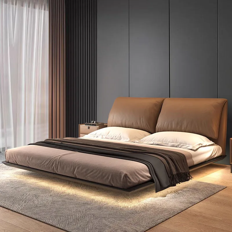 Italian minimalist cortical bed ash wood floating induction double master high-grade elephant leather