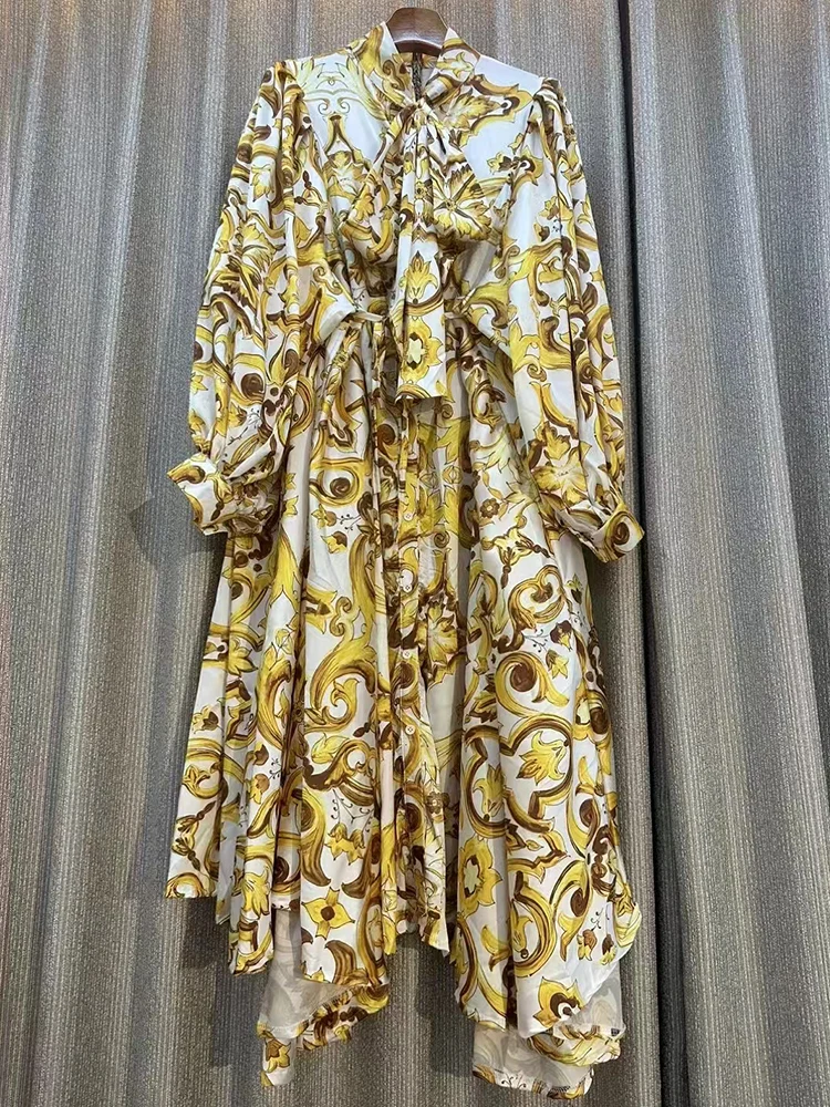 

Retro geometric print bow collar single breasted long sleeved dress 2025 autumn women's fashion loose irregular fluffy skirt