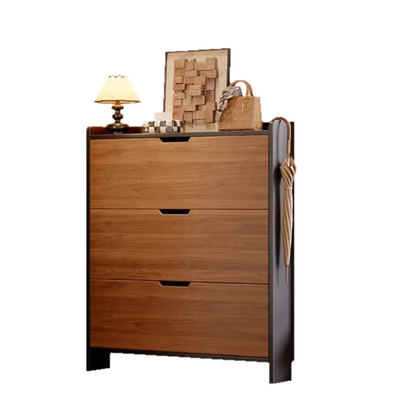 Solid wood ultra-thin tipping bucket shoe cabinet, household door entry door storage cabinet integrated against the wall
