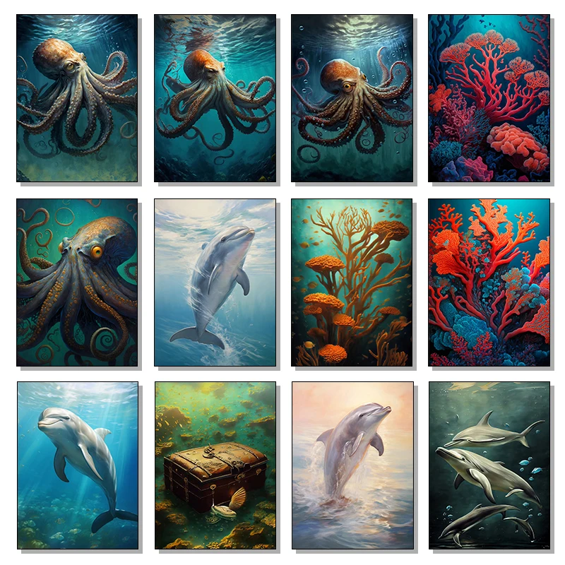 Vintage Scuba Diver Octopus Dolphin Treasure Chest Poster Canvas Painting Wall Art Picture Living Room Home Decor Gift Ideas