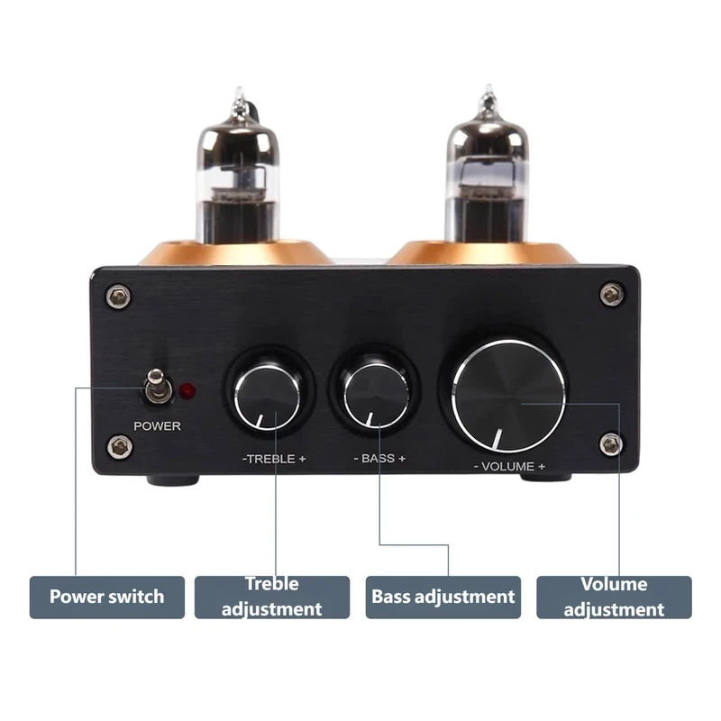 Pré-Amplificador Estéreo Bluetooth 5.0 JL 5.1 HiFi com Tubo Amplificador Buffer 6J5 e Ajuste de Tons de Agudos e Graves