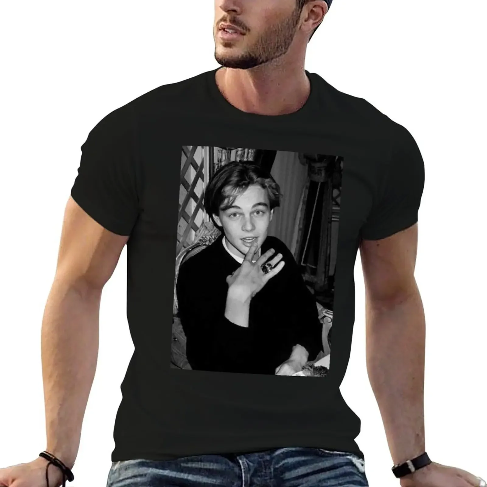 Young Leonardo DiCaprio in Black and White T-Shirt blue archive for a boy anime clothes plus size men clothing