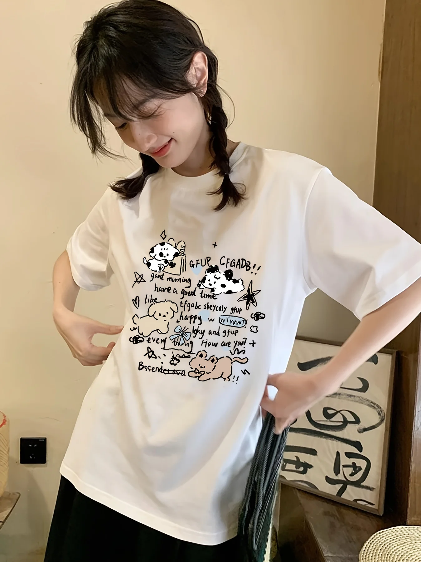Cute Puppy Doodle Sketch Printed Women T-Shirt Casual All-Match Short Sleeve Cotton Oversized Top Summer Crewneck T Shirts