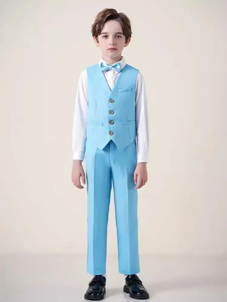 Children Sky Blue Photography Suit Boys Jacket Vest Pants Bowtie 4PS Ceremony Costume Prince Kids Birthday Wedding Tuxedo Dress