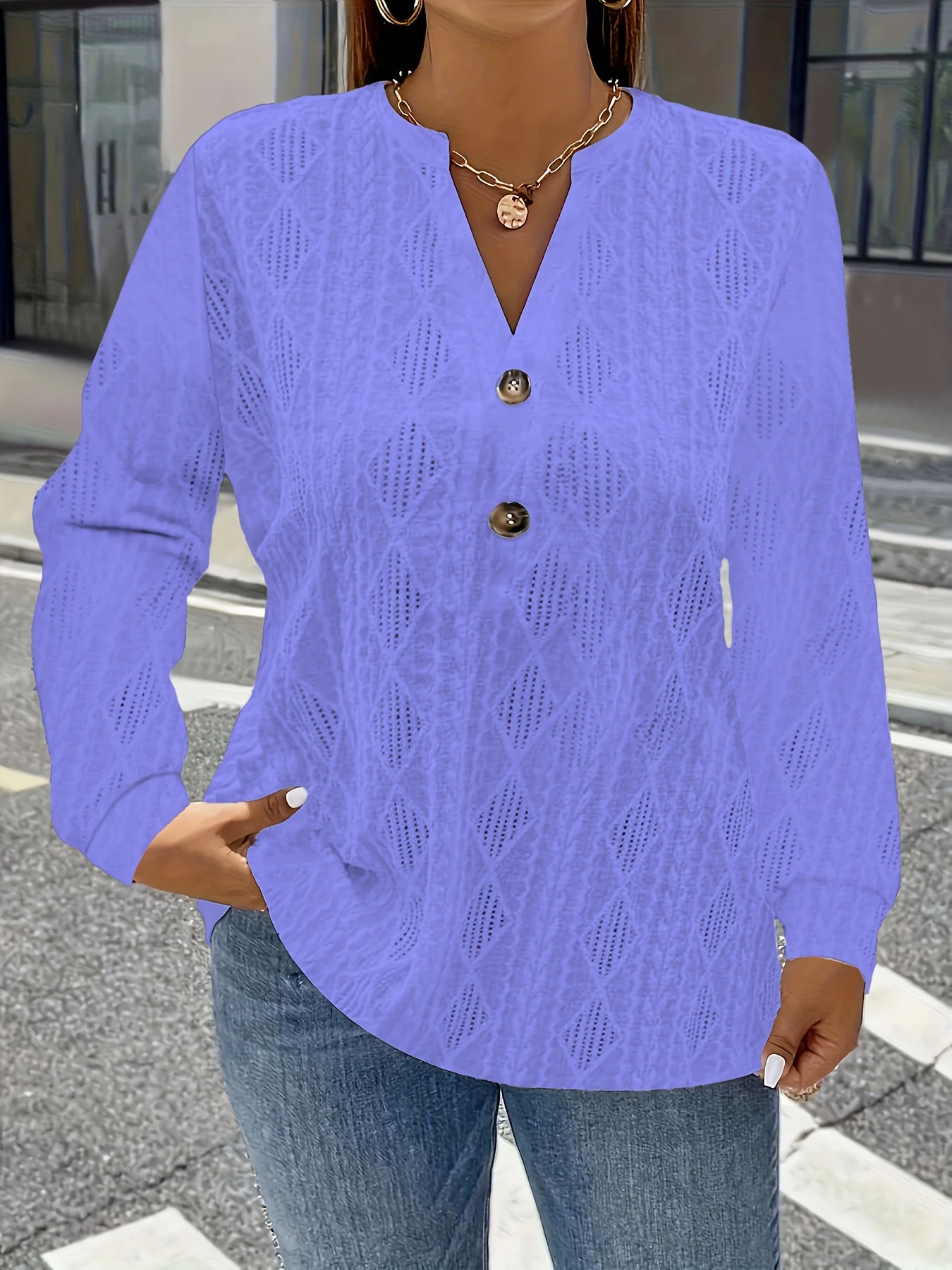 Plus Size Women Solid Long Sleeve Blouse V Neck Button Decor Hollow Out Jacquard Top Loose Casual Ladies Daily