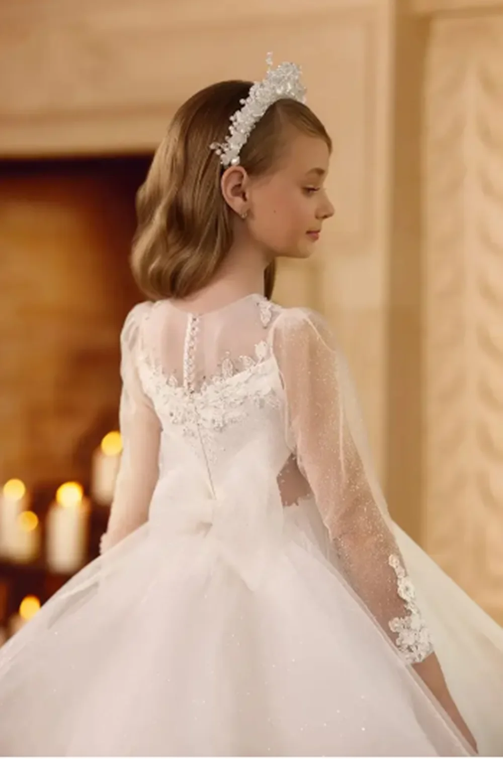 カスタマイズされたエレガントなフラワーガールドレス結婚式用グリッターチュールふくらんアップリケ子供の誕生日パーティープロムフォーマルな機会のガウン