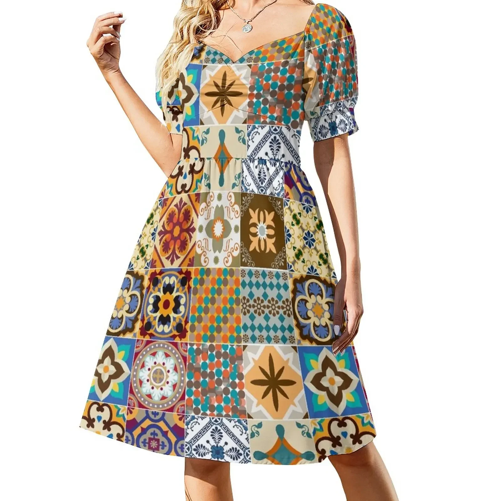 

traditional portuguese tiles ''azulejo português'' Short-Sleeved Dress evening dresses ladies woman dress prom dresses