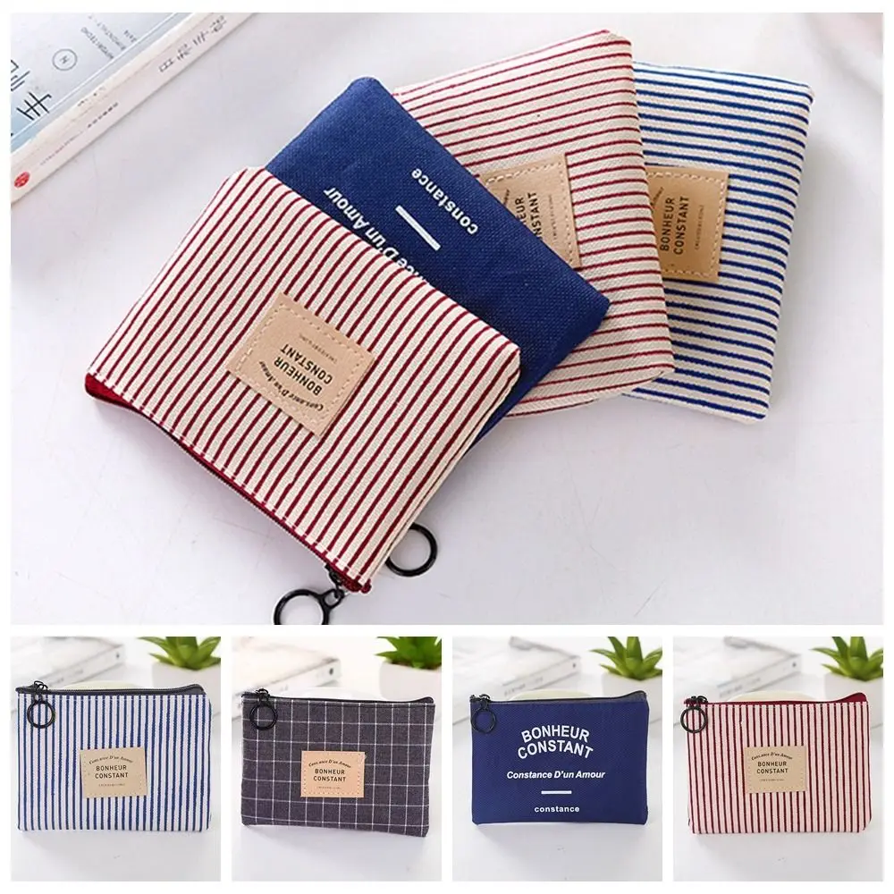 

with Key Ring Square Stripe Print Coin Purse Small Mini Canvas Letter Wallet Case Coin Pouch Zipper Travel