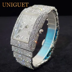 UNIGUET Rectangular Men's Watch Full Iced Out Classic Design Luxury Wristwatches For Male Waterproof Calendar Quartz Watch Gift