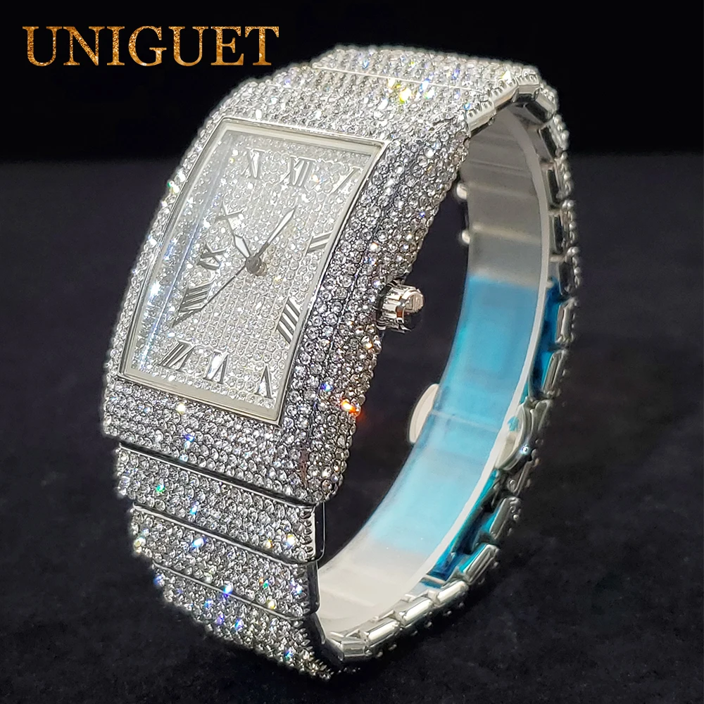 UNIGUET  Rectangular Men's Watch Full Iced Out Classic Design Luxury Wristwatches For Male Waterproof Calendar Quartz Watch Gift