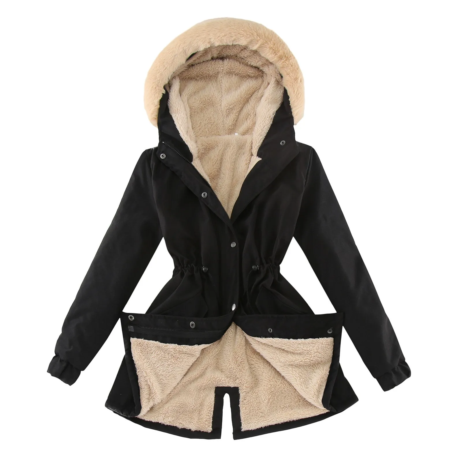 2024 Warm Fleece-lined Women Parkas Jackets Solid Color Zipper Button Hooded Cotton-padded Coat Plus Size Slim Outwear Clothes