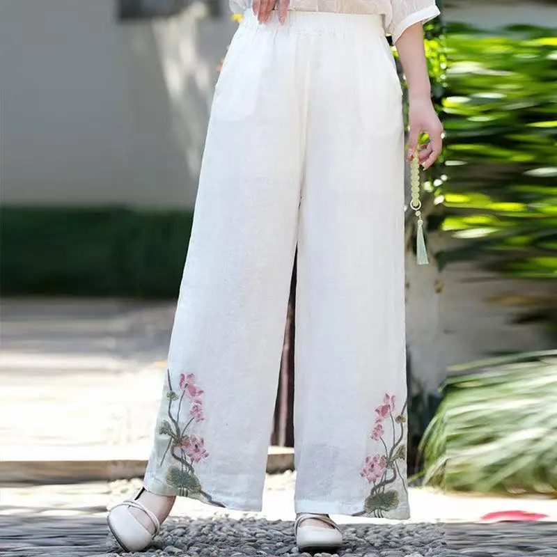 Pantalon rétro brodé en coton et lin pour femmes, jambes larges, léger, respirant, décontracté, été