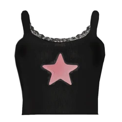 Women S Fashion Lace Tank Tops Sleeveless Vests Summer Slim Fit Crop Tops Y2K Harajuku Streetwear Stars Low-Cut Design T-shirt