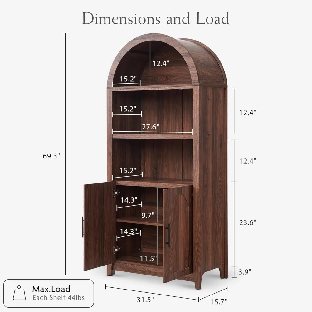 Arched Cabinet Bookshelf Bookcase - 69.3” Tall Mid Century Arched Display Cabinet, Rounded Bookshelf, Open Shelf Storage Cabinet