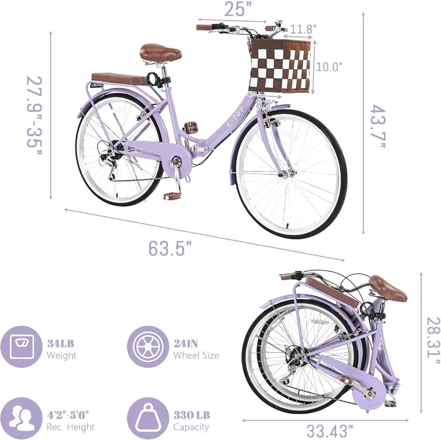 دراجة كروزر للشاطئ قابلة للطي للنساء مقاس 24/26 بوصة 7 سرعات للتنقل مع سلة خفيفة الوزن للبالغين والنساء لشركة City Co #5
