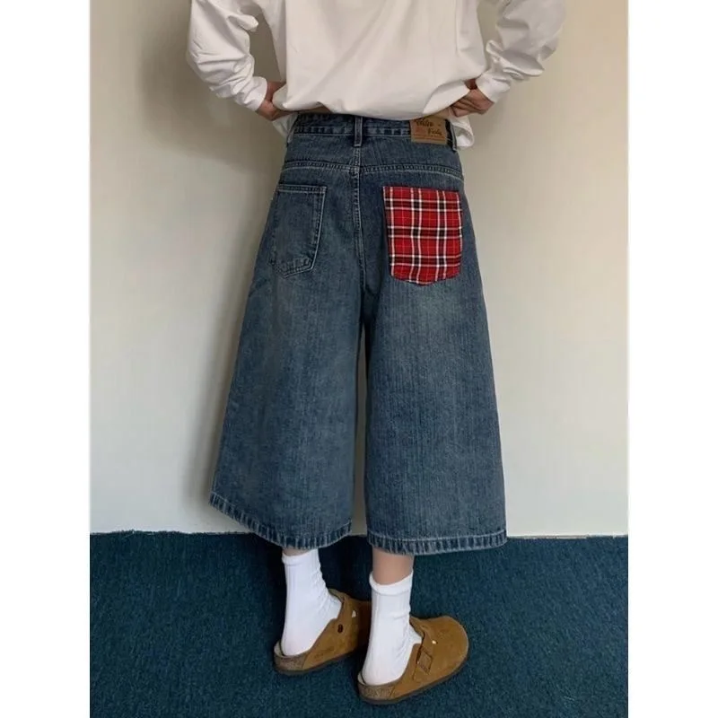 メンズ夏のチェック柄パッチワークデニムショートパンツ新しいハイウエストレイジーストレートワイドレッグジーンズショートパンツ