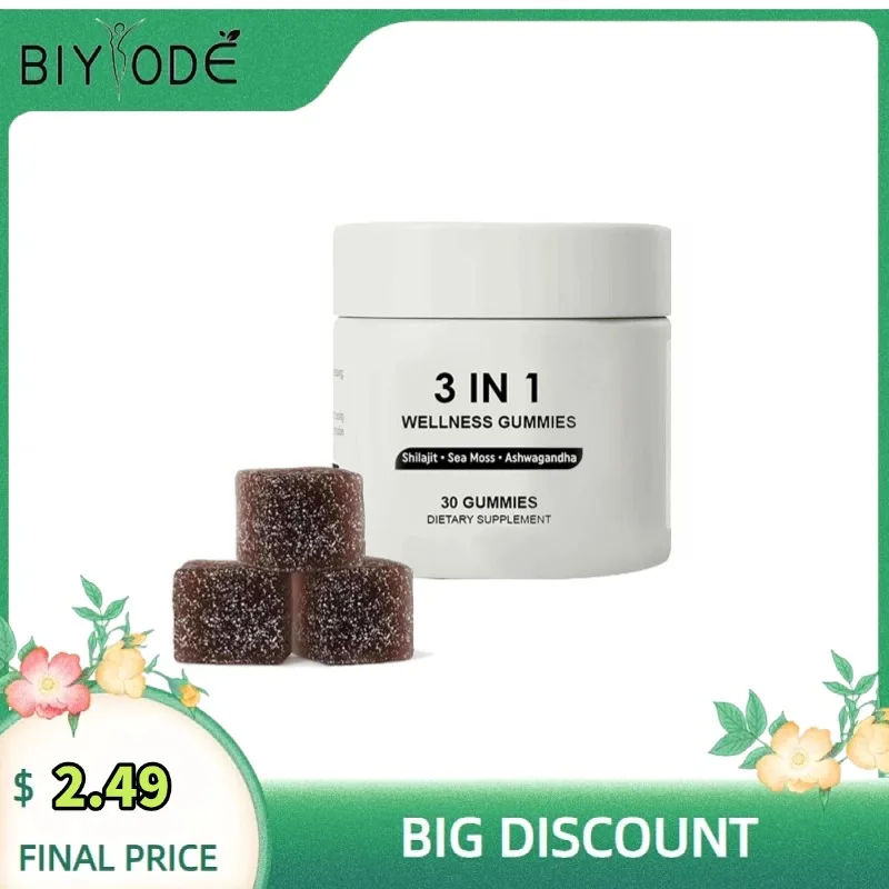 BIYODE Shilajit Soft Candy 3-in-1 Wellness Gummies Shilajit Sea Moss Ashwagandha 30 Gummies Nahrungsergänzungsmittel erhöht die Energie