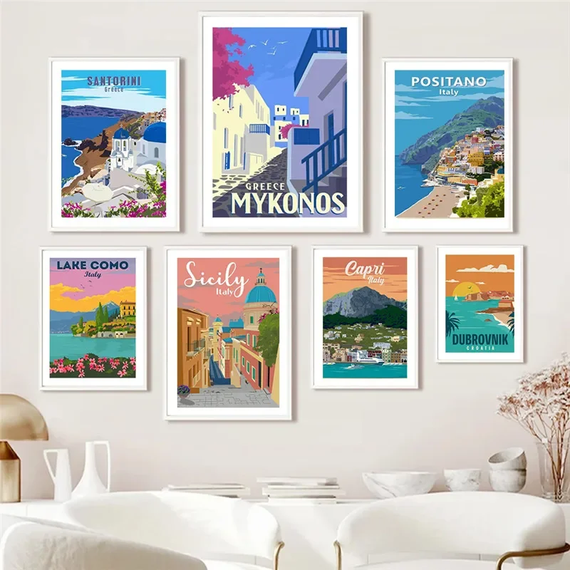 Spain Amalfi Coast Santorini French Riviera Italy Print Art Canvas Poster For Living Room Decoration Home Wall Picture