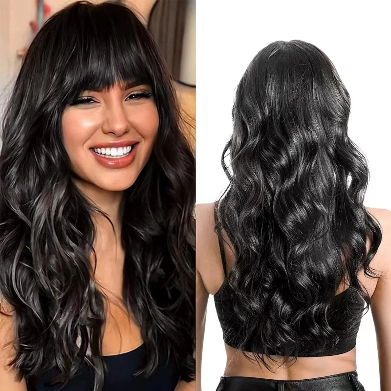 

New European and American Style Women's Long Wavy Wig with Bangs Black Synthetic Long Curly Hair Wig
