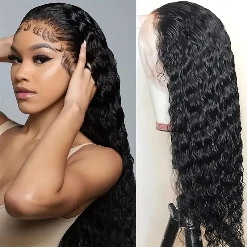 13x6 Curly Lace Front Natural Black 18 Inch Frontal Wig Glueless Deep Wave Human Hair Wigs  For Women Full 150% Brazilian