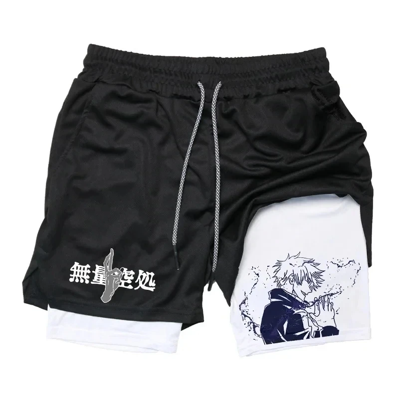 Anime Jujutsu Kaisen Compression Shorts for Men, Quick Dry Athletic Shorts, Pocket Performance, Gym, Workout, Fitness, 2 in 1