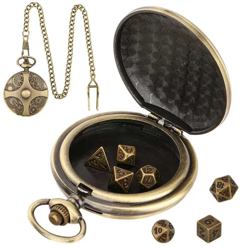 Mini DND Dice Set Steampunk Pocket Watch Dice Set Metal D&D Dice Role Playing Board Games Accessories for Tabletop Adventures