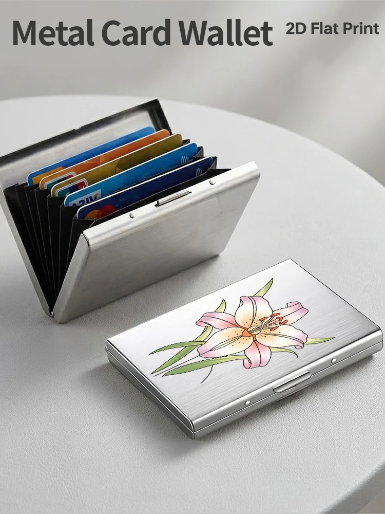 

Pink Lily Pattern unisex metal card holder, side opening design, ultra-thin frosted card clip dual experience, unisex card pop-u
