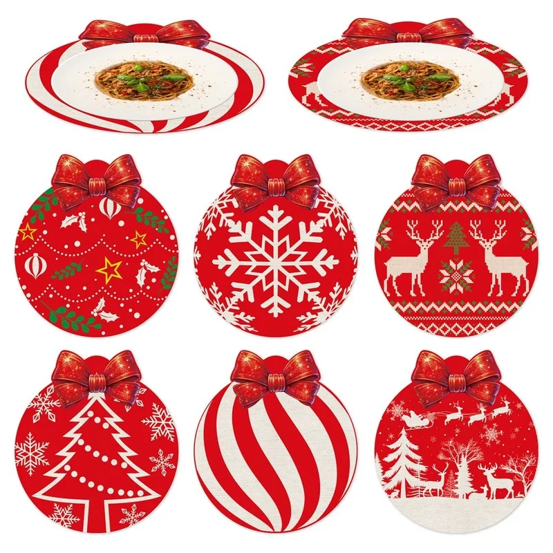 6pcsBowknot Christmas Ball Printed Table Mat，Reindeer and snowflake Christmas tree pattern placemats and coasters，Holiday Insula