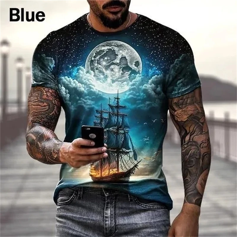 Men's Fashion Sailboat T-Shirts 3D Printed T-Shirt Trend Personality Hip Hop Short Sleeve Tops Tees Men's Clothing Comfortable