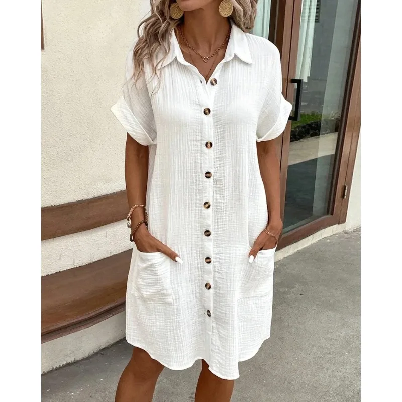 Leisure Vintage Women Solid Dress Summer Fashion V-Neck Three Quater Sleeve Cotton Linen Dress Ladies Casual Holiday Vestidos