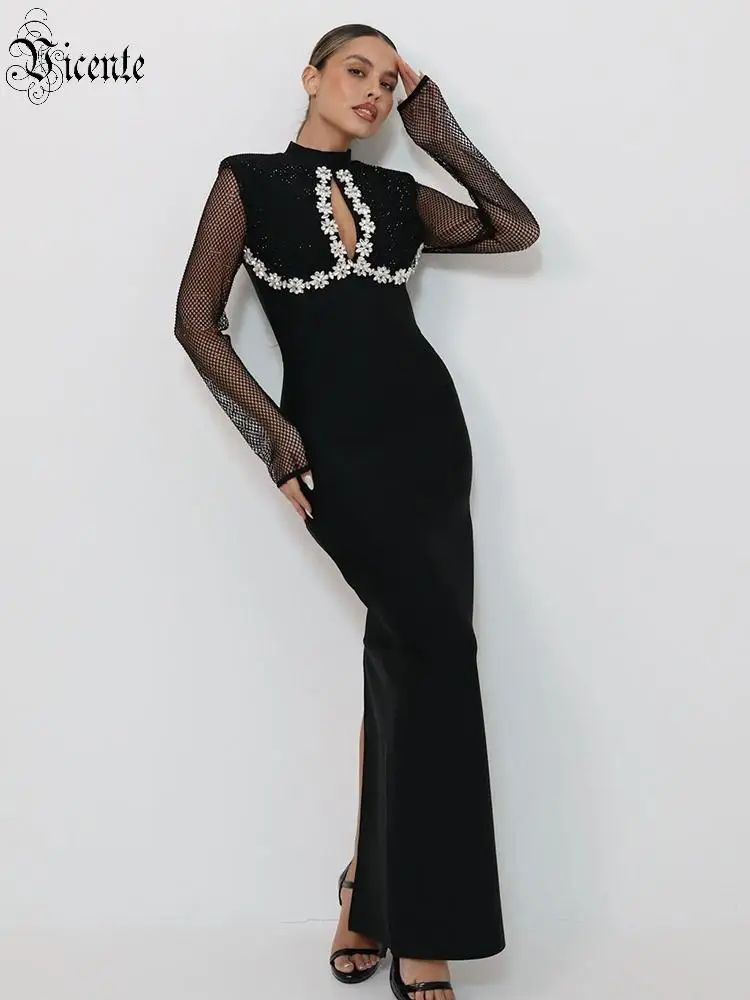 

VC Black Evening Dress Women Long Sleeve Mesh Bodycon Maxi Dress Elegant High Neck Rhinestone Party Formal Gown платье женское