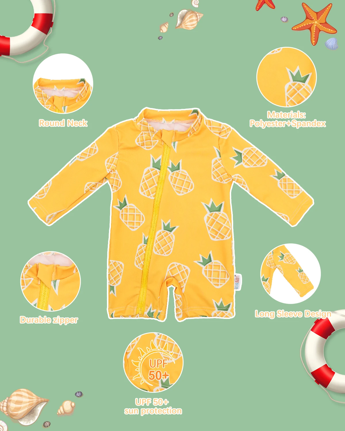 ALVABABY Long Sleeve Swimsuit Baby Toddler Boy Girl Rash Guard Set UPF 50+ Sun Protection One Piece Zipper Bathing Suit Swimwear