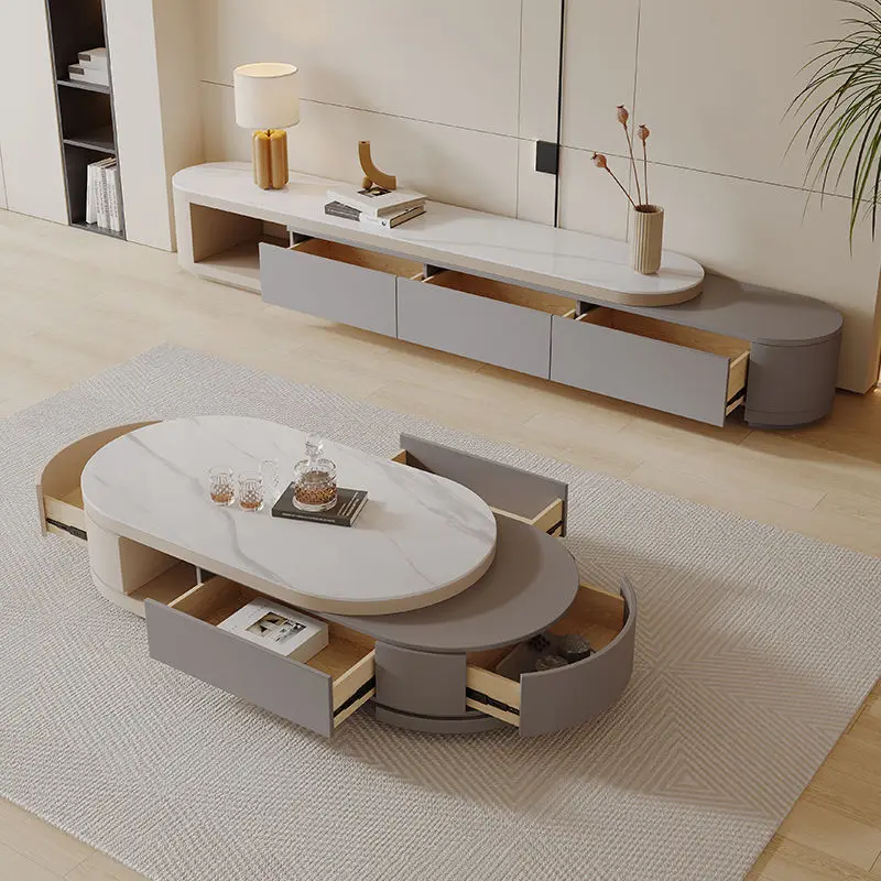 Italian  Cream-style Retractable Stone Slab Coffee Table and TV Cabinet Integrated Modern Minimalist Living Room