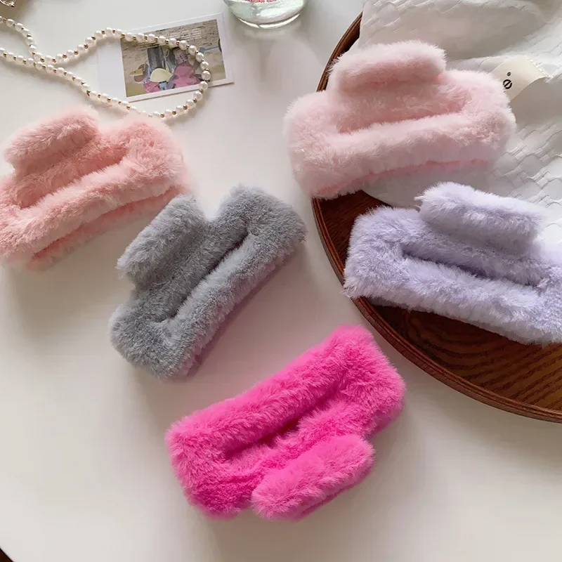 Colorful Large Plush Rectangular Grab Clip for Women Girl Curly Hair Clip Shark Hair Clip Claw