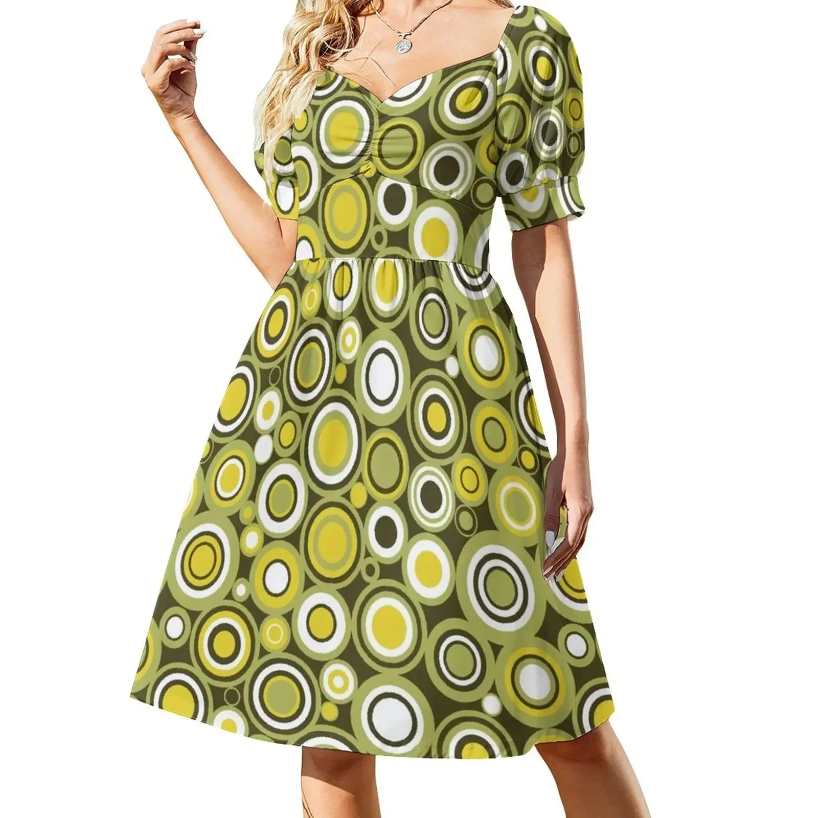 

Green, Yellow and White Circle Retro Pattern Short-Sleeved Dress Woman's evening dress fairy dress