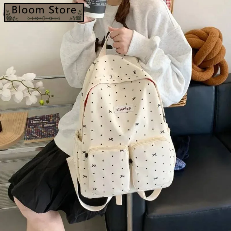 Japanese Kawaii Bow Sweet Dot Preppy Backpack Fashion Y2k Pockets Backpacks All Match Students Simple Schoolbags High-Capacity