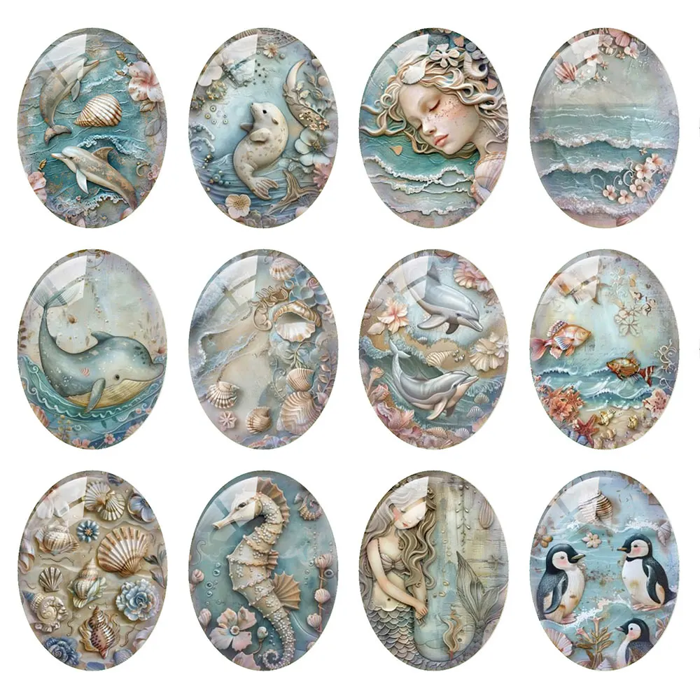 Random Mixed Round/Oval/Square Relief Mermaid Ocean Sea Creature Photo Glass Cabochon Flatback Demo Cameo For Diy Jewelry Making