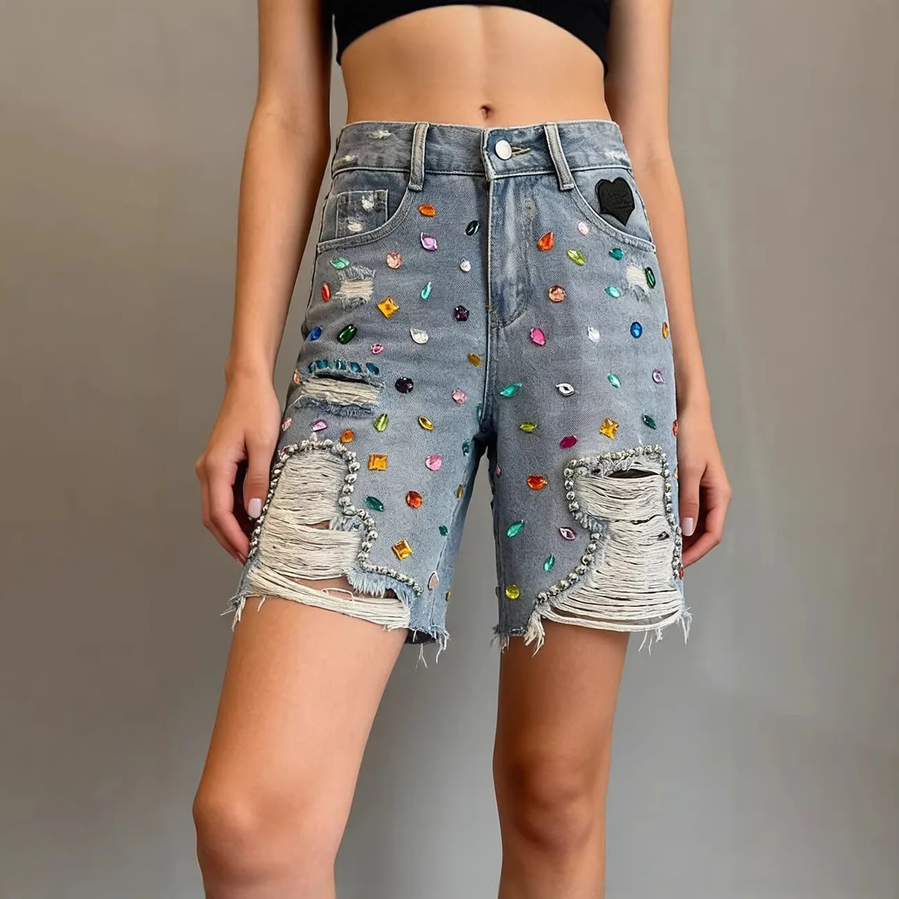 New In 2026 Women's Fashion Diamond Embellished  Denim Pants Female Summer Hole Straight Half-length Pants