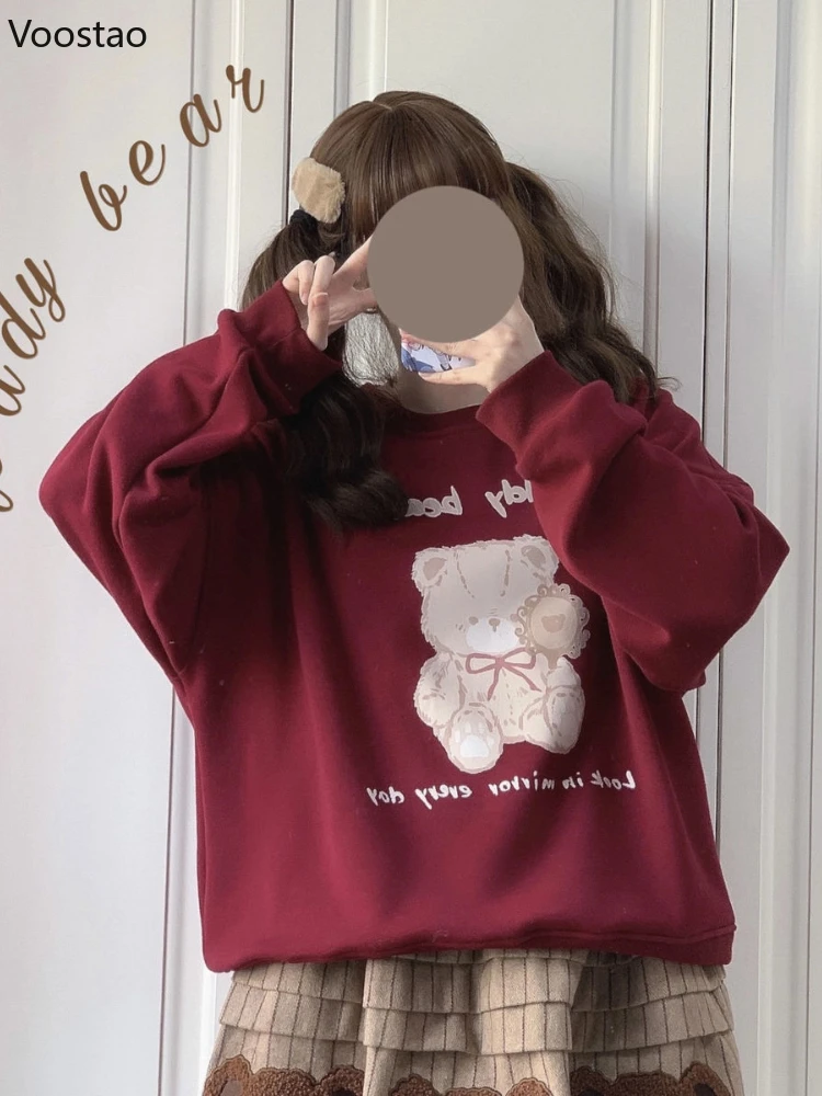 Spring Autumn Japanese Sweet O-Neck Bear Print Loose Hoodies Women Kawaii JK Sweatshirts Harajuku Girls Cute Red Outerwear Tops