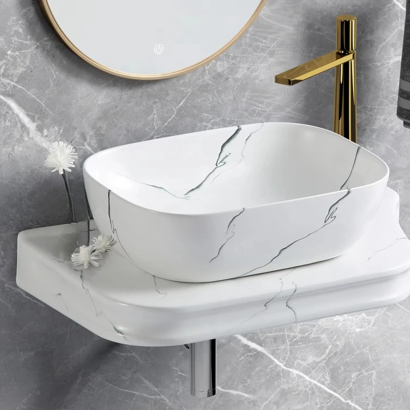 

Modern simple white ceramic rectangular bathroom sink hand-painted stone pattern wall hanging easy to clean small bathroom