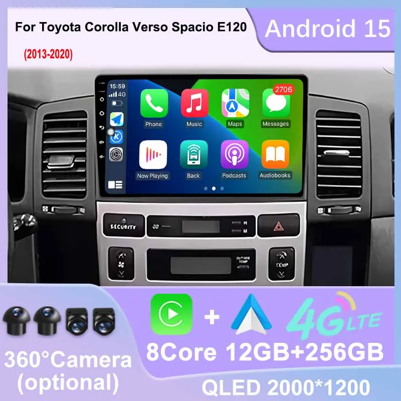 Android 15 Autoradio For Toyota Corolla Verso Spacio E120 2001 - 2007 Carplay Car Radio GPS Navigation Multimedia Video 4G WIFI