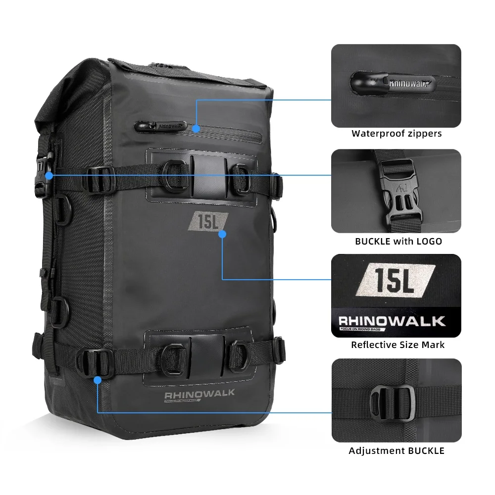 Rhinowalk-Waterproof Motorcycle Tail Bag for Men, 2pcs,Black Backpack, Rear Luggage, Travel Bag, 100% Waterproof, 15L