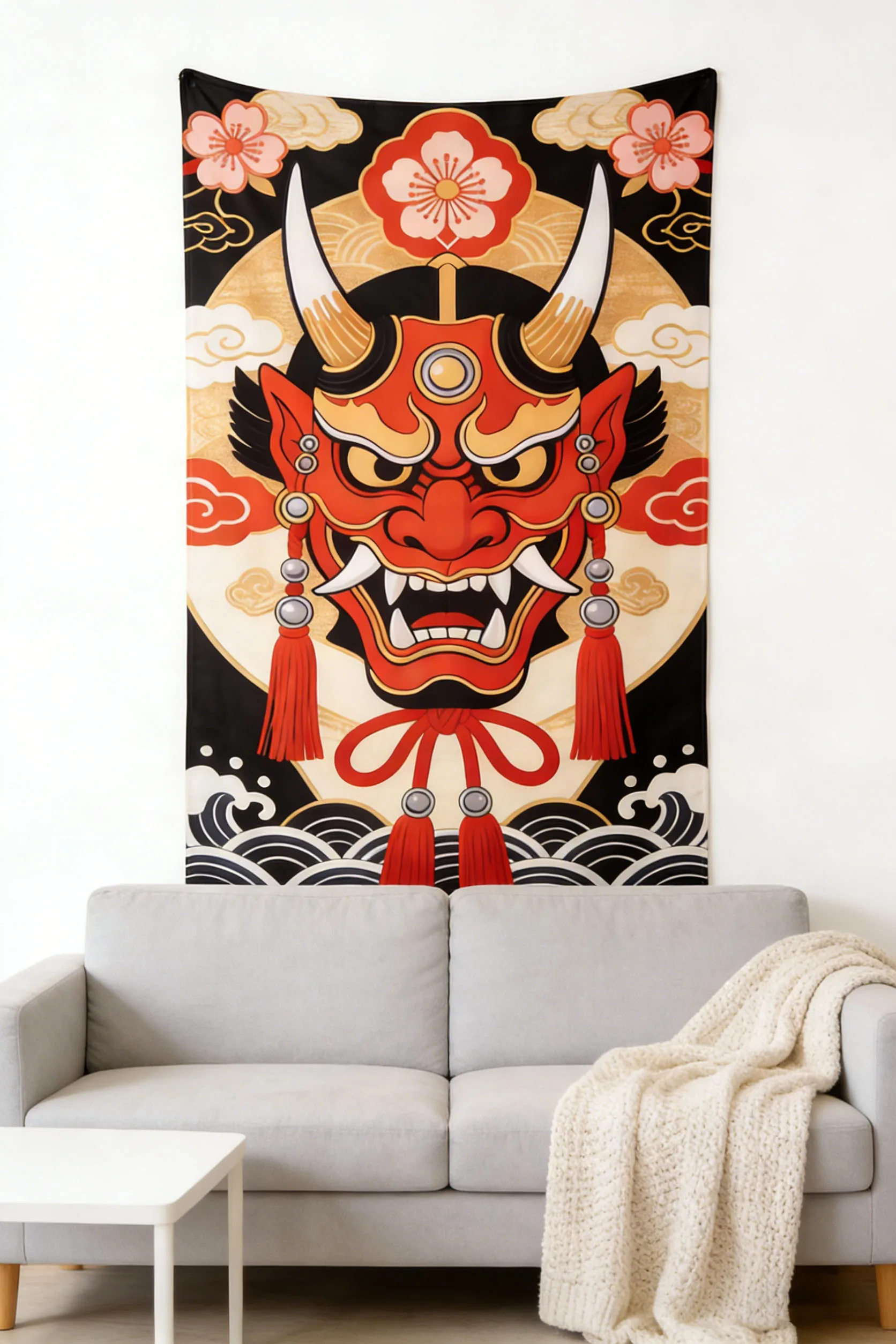 2026 New Japanese Oni Samurai Mask Tapestry Japanese Artistic Creation Tapestry Bedroom Tapestry Aesthetic Wall Hanging Decor