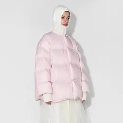 Pink round neck medium long thick down jacket female minority 2023 winter new loose puff coat