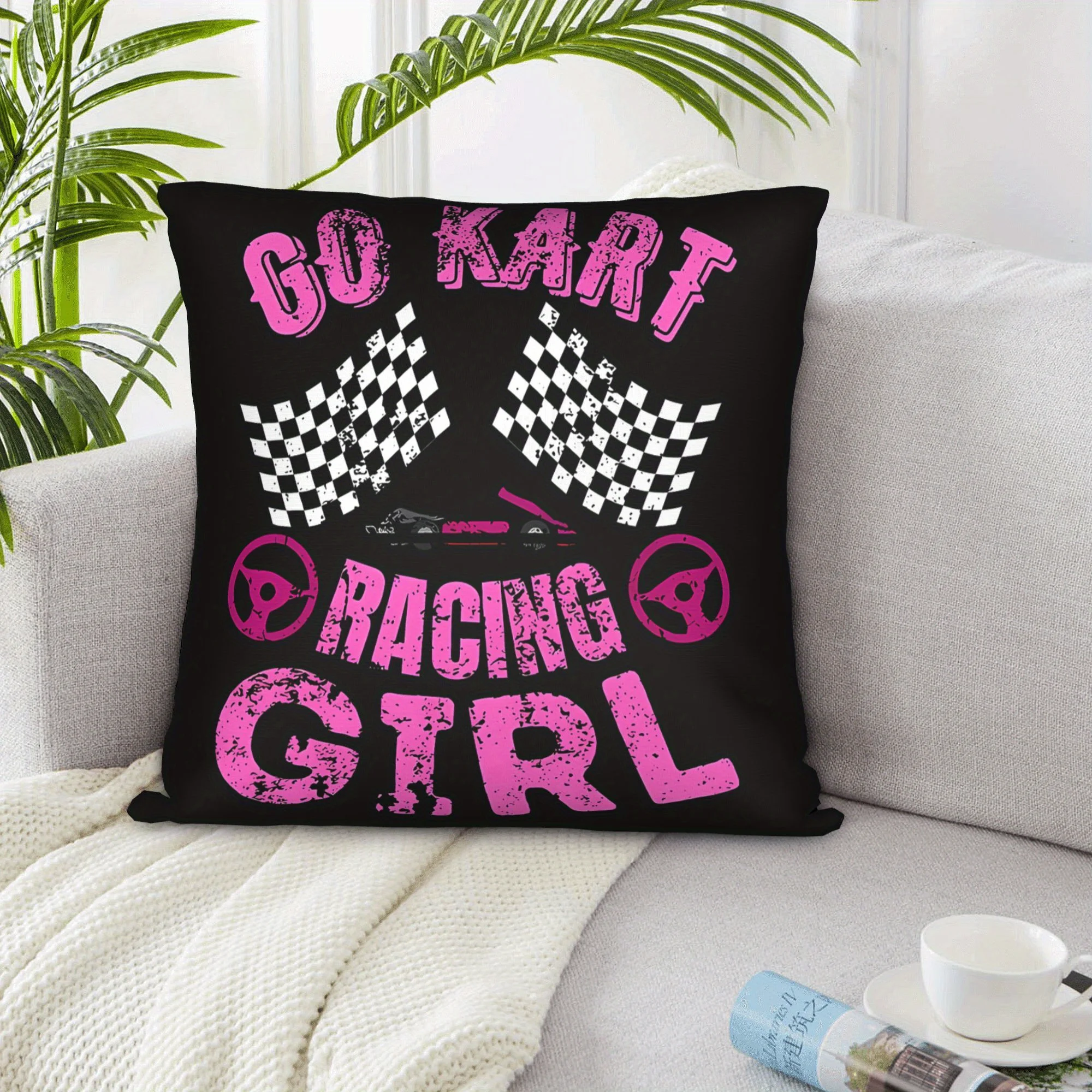 Short Plush “Go Kart Racing Girl” Pillowcase  Double Sided Printed Zipper Cushion Cover Bold Pink Black Motorsport Decor